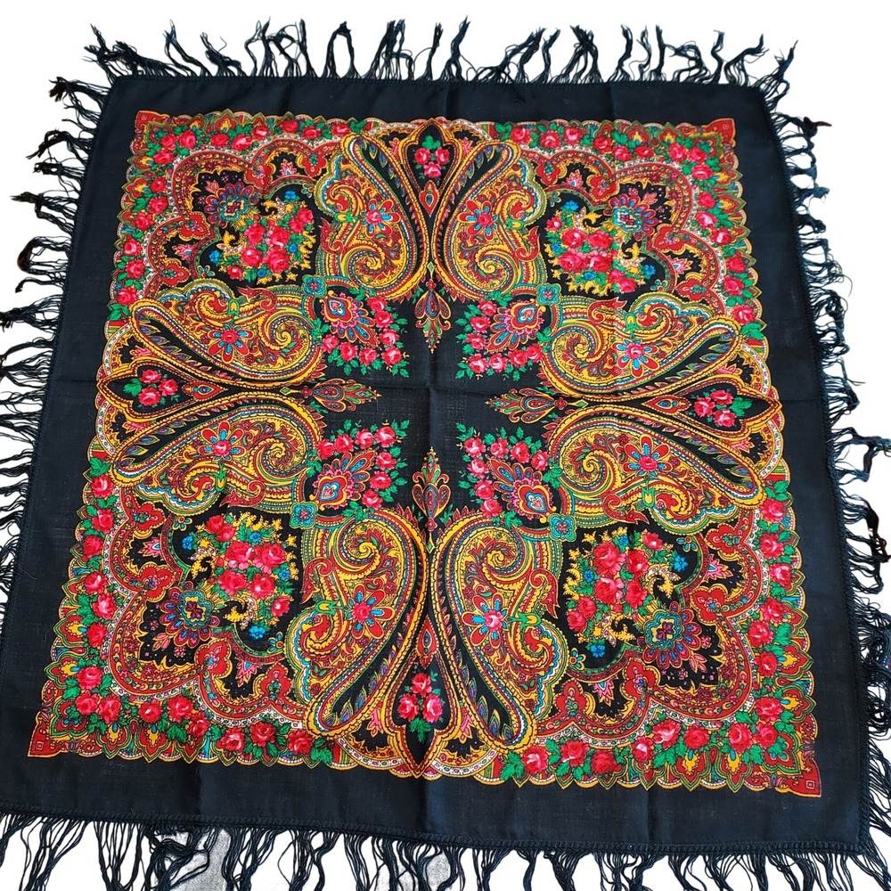 Floral Paisley Square Scarf Black Fringe‎ Bohemian Folk Art Gypsy Festival